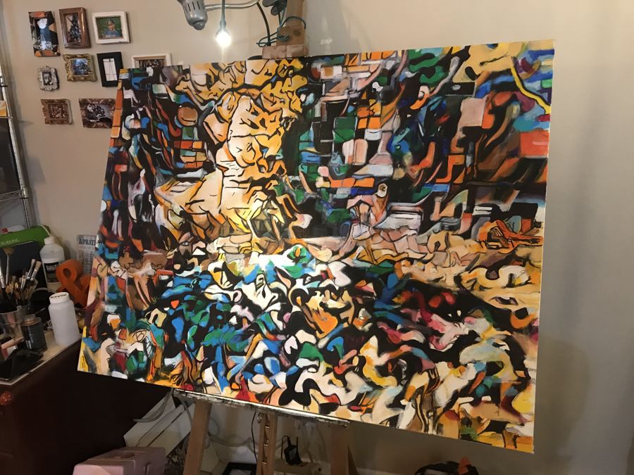 Painting in progress on the easel